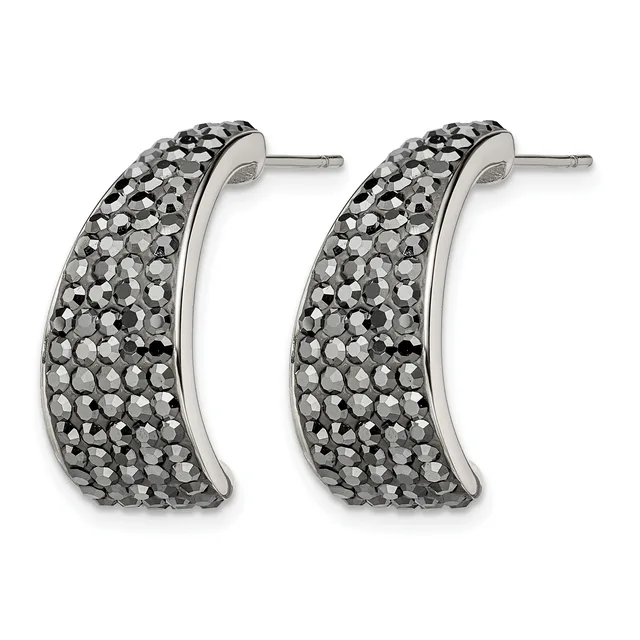 Pair of silver-toned curved hoop earrings densely covered with small faceted gray crystals, shown from the front against a white background.