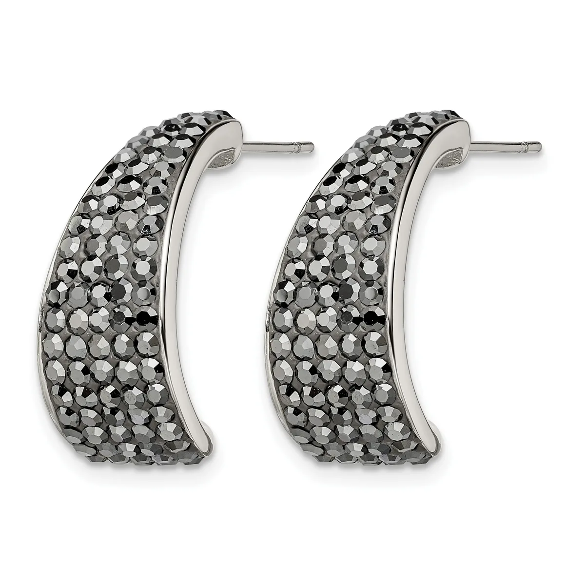 Pair of silver-toned curved hoop earrings densely covered with small faceted gray crystals, shown from the front against a white background.