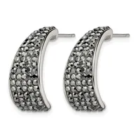 Pair of silver-toned curved hoop earrings densely covered with small faceted gray crystals, shown from the front against a white background.