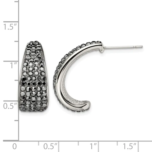 Pair of silver hoop earrings with black diamond pave setting, shown against a measurement scale indicating approximately one inch in length.