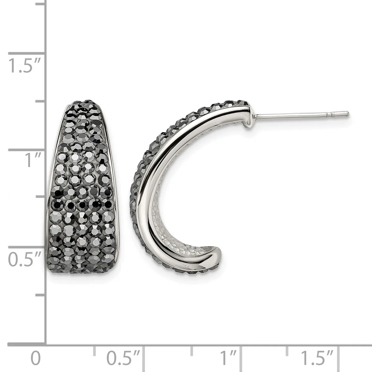 Pair of silver hoop earrings with black diamond pave setting, shown against a measurement scale indicating approximately one inch in length.