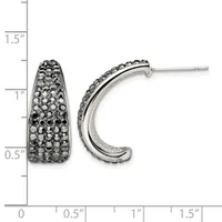 Pair of silver hoop earrings with black diamond pave setting, shown against a measurement scale indicating approximately one inch in length.