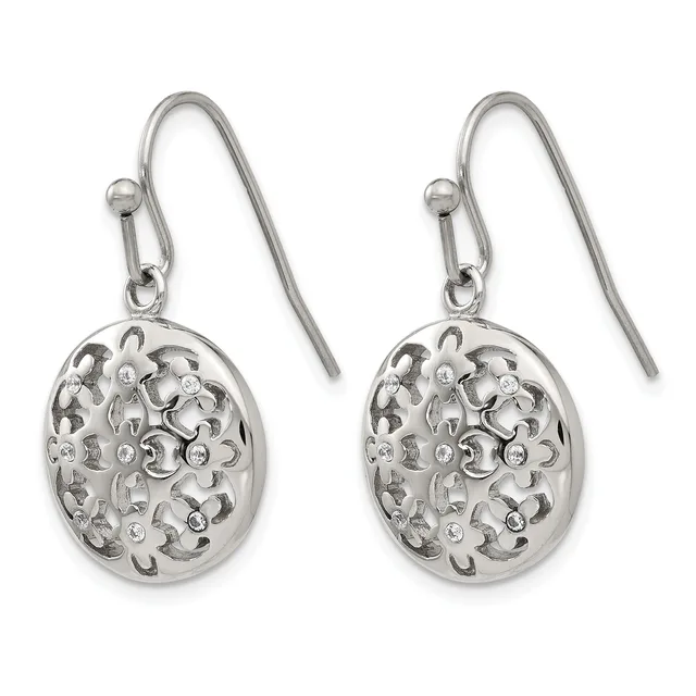 A pair of silver-toned oval dangle earrings with intricate filigree patterns and small round stones, suspended from curved hook-style ear wires.