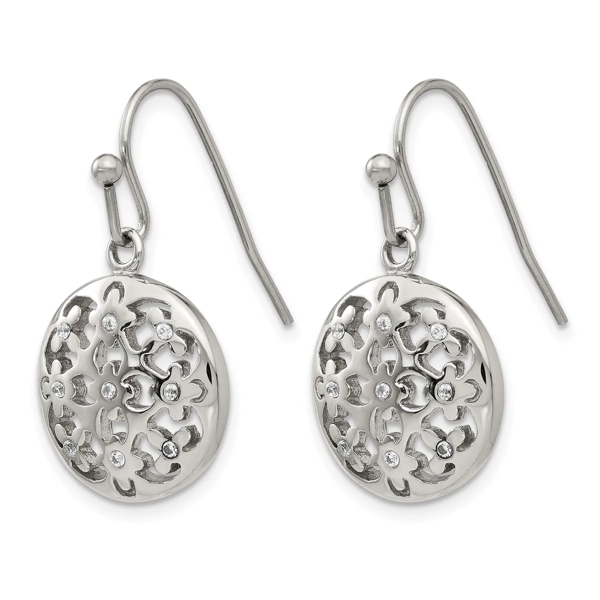 A pair of silver-toned oval dangle earrings with intricate filigree patterns and small round stones, suspended from curved hook-style ear wires.