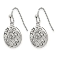 A pair of silver-toned oval dangle earrings with intricate filigree patterns and small round stones, suspended from curved hook-style ear wires.
