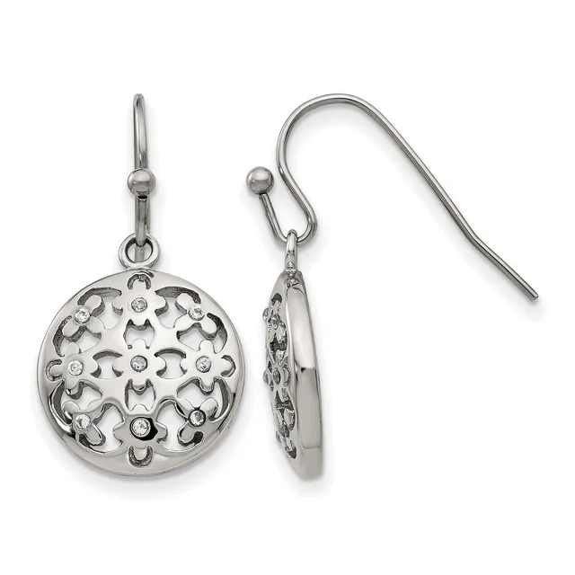 A pair of silver filigree disc earrings with circular openwork patterns and small gemstone accents, shown from front and side views with French wire hooks.