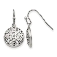 A pair of silver filigree disc earrings with circular openwork patterns and small gemstone accents, shown from front and side views with French wire hooks.