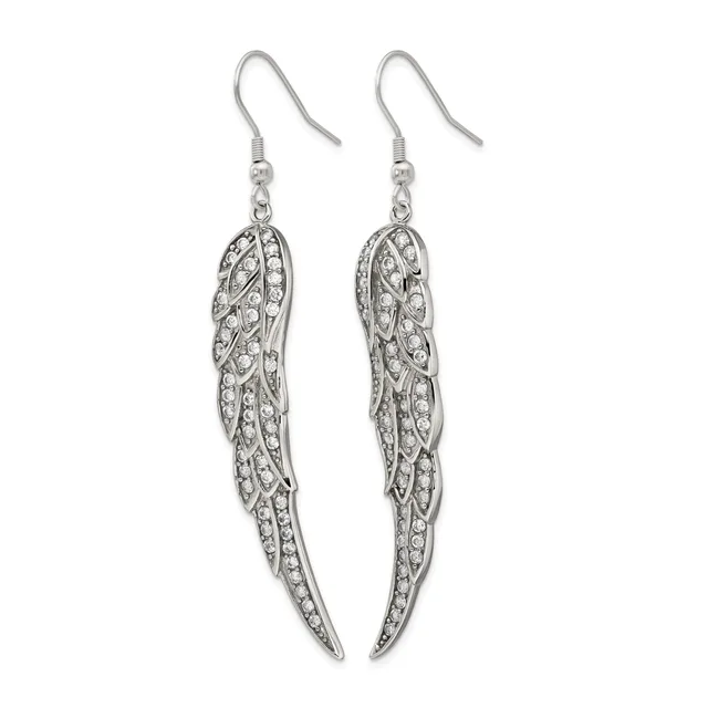 Pair of silver-toned dangling earrings with fish hook backs, featuring long leaf-shaped pendants decorated with intricate filigree patterns and crystal rhinestones throughout.
