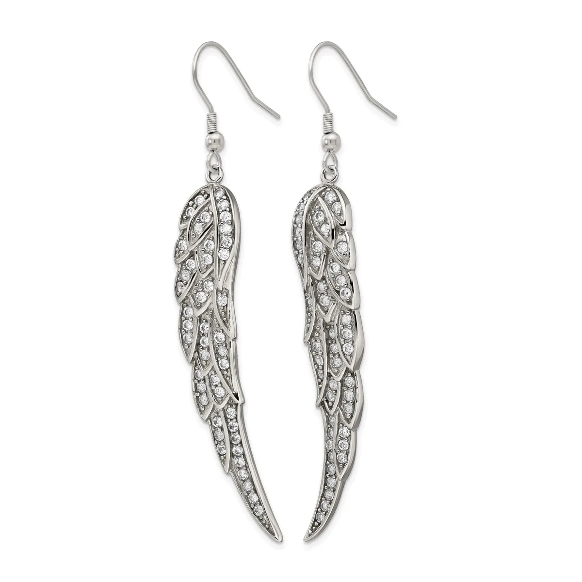 Pair of silver-toned dangling earrings with fish hook backs, featuring long leaf-shaped pendants decorated with intricate filigree patterns and crystal rhinestones throughout.