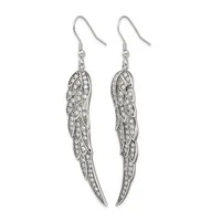 Pair of silver-toned dangling earrings with fish hook backs, featuring long leaf-shaped pendants decorated with intricate filigree patterns and crystal rhinestones throughout.