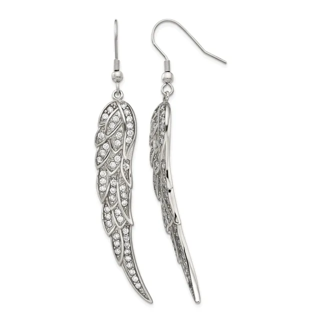A pair of silver-toned drop earrings with elongated wing-shaped pendants embellished with rhinestones, shown from front and back views.