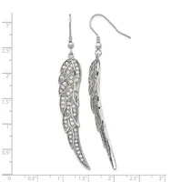 Pair of silver-tone feather-shaped dangle earrings with crystal embellishments and hook-style ear wires, displayed against a measurement ruler.