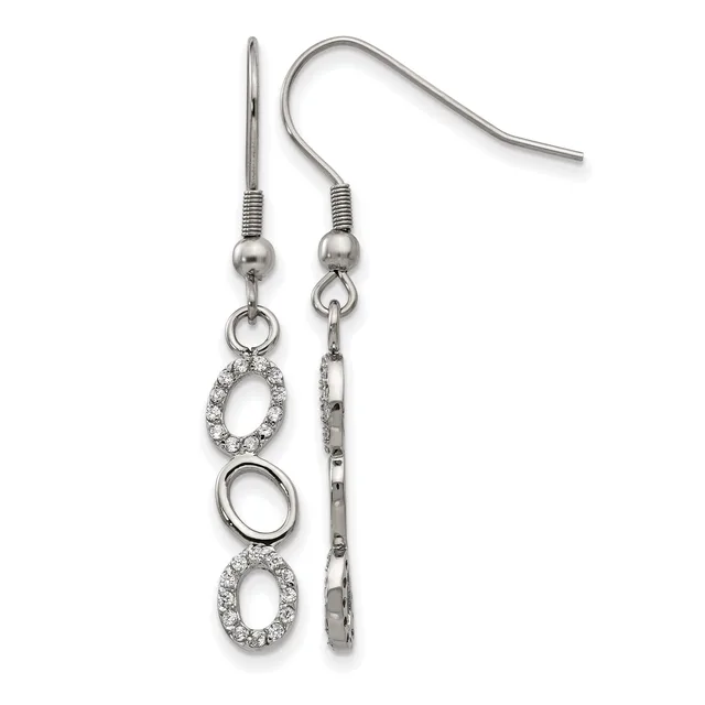 Silver-toned dangle earrings with hook wires featuring alternating oval rings, two encrusted with small crystals and one plain, hanging from ball-topped posts.