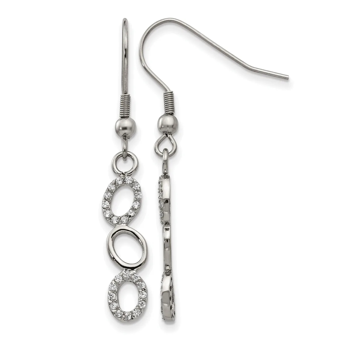 Silver-toned dangle earrings with hook wires featuring alternating oval rings, two encrusted with small crystals and one plain, hanging from ball-topped posts.