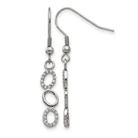 Silver-toned dangle earrings with hook wires featuring alternating oval rings, two encrusted with small crystals and one plain, hanging from ball-topped posts.