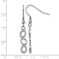 A pair of silver-tone dangle earrings with crystal-embellished oval charms and plain oval rings, displayed against a ruler showing approximately two inches in length.