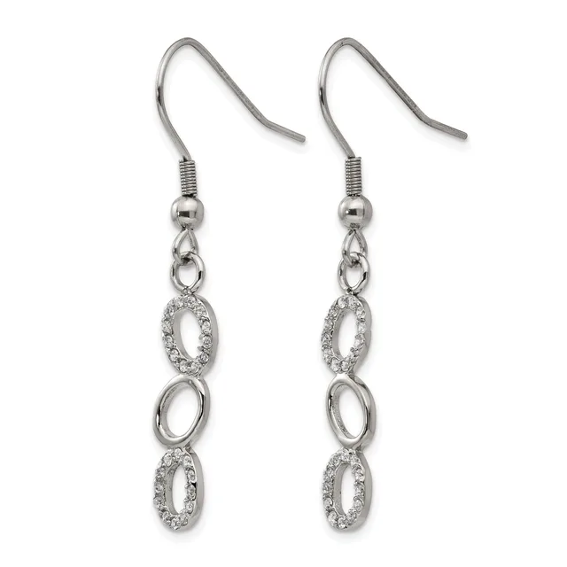 Pair of silver-tone dangle earrings with fish hook wires, featuring alternating oval links adorned with cubic zirconia stones and plain polished ovals.