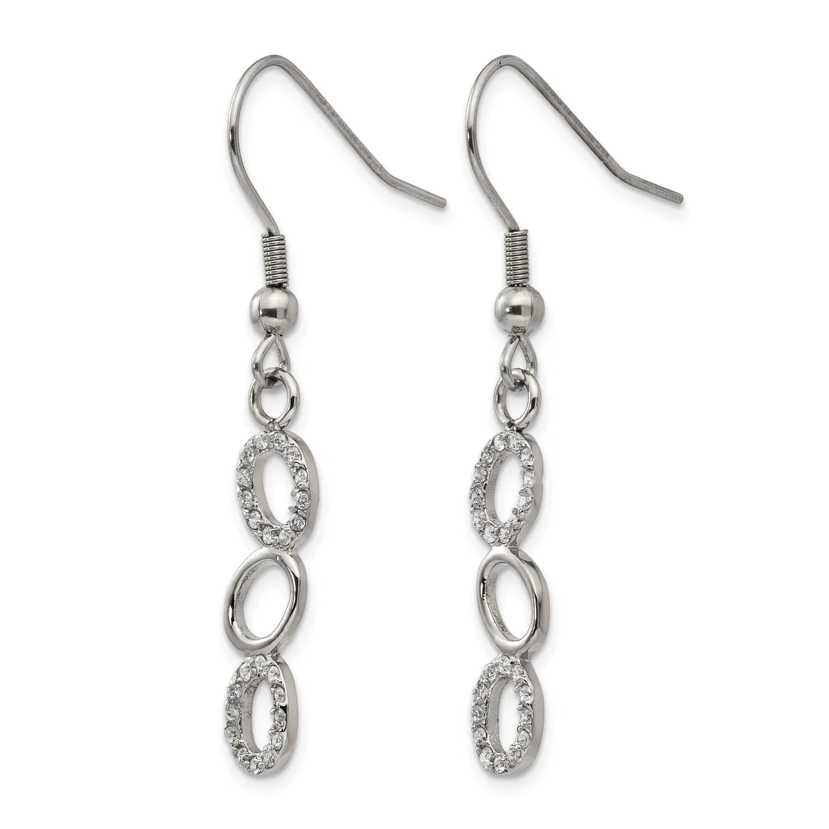 Pair of silver-tone dangle earrings with fish hook wires, featuring alternating oval links adorned with cubic zirconia stones and plain polished ovals.