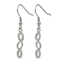 Pair of silver-tone dangle earrings with fish hook wires, featuring alternating oval links adorned with cubic zirconia stones and plain polished ovals.