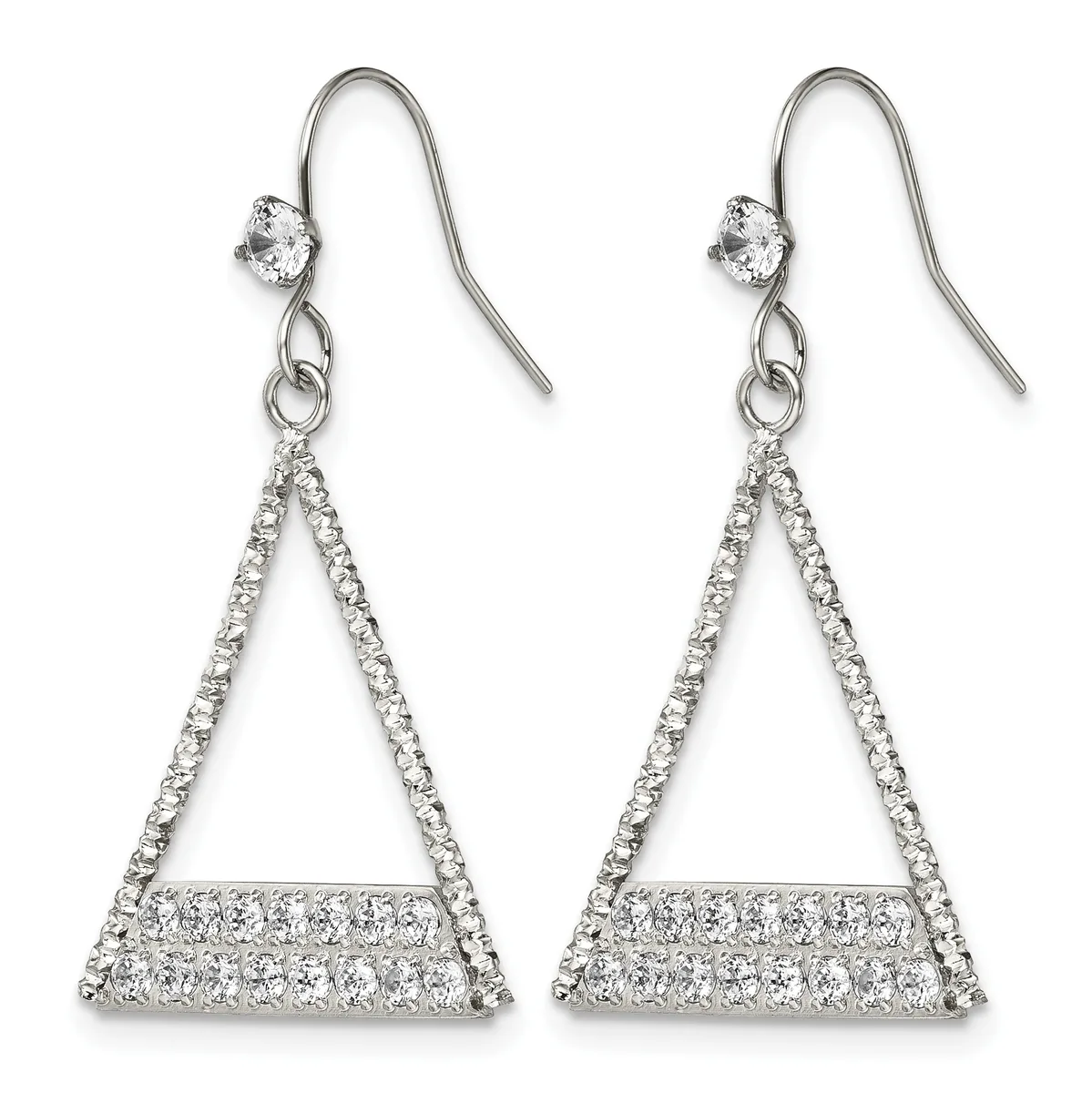 A pair of silver triangular drop earrings with cubic zirconia stones set along the edges and a horizontal row across the base, suspended from fish hook wires.