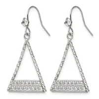A pair of silver triangular drop earrings with cubic zirconia stones set along the edges and a horizontal row across the base, suspended from fish hook wires.