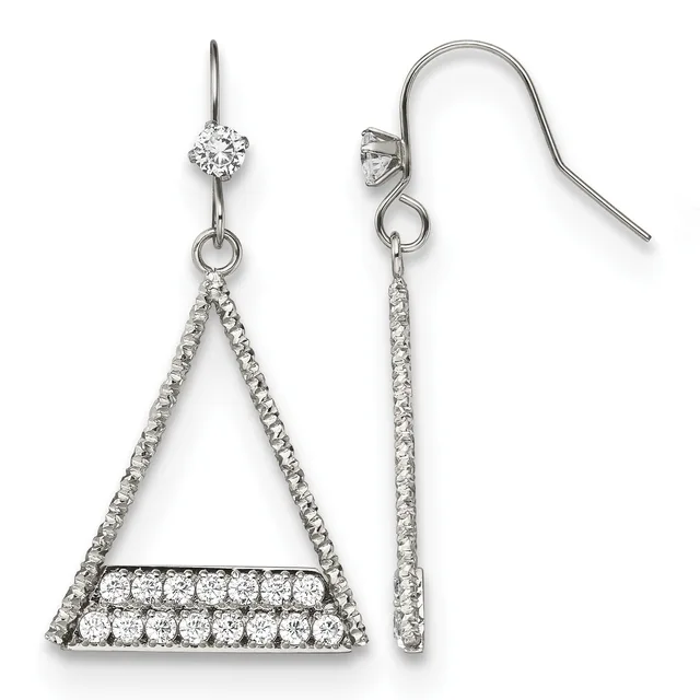 Pair of sterling silver dangle earrings with cubic zirconia stones arranged in triangular and linear designs, shown from front and side views.