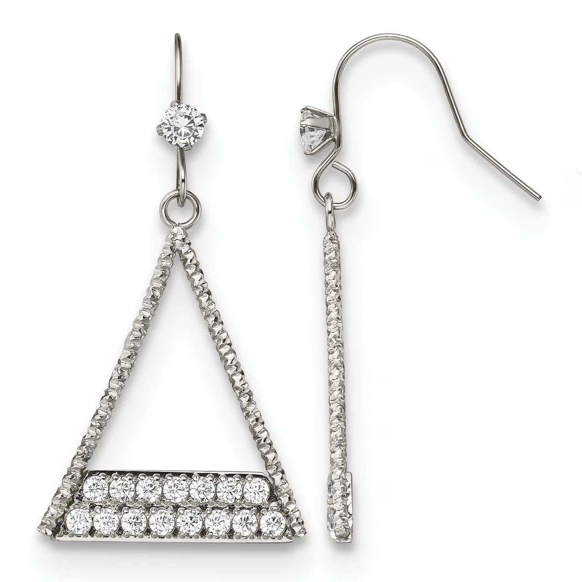 Pair of sterling silver dangle earrings with cubic zirconia stones arranged in triangular and linear designs, shown from front and side views.