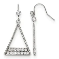Pair of sterling silver dangle earrings with cubic zirconia stones arranged in triangular and linear designs, shown from front and side views.
