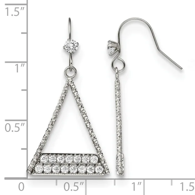 Pair of silver-toned earrings with crystal rhinestones, featuring triangular drop designs and matching linear drop styles, displayed on a measurement scale.