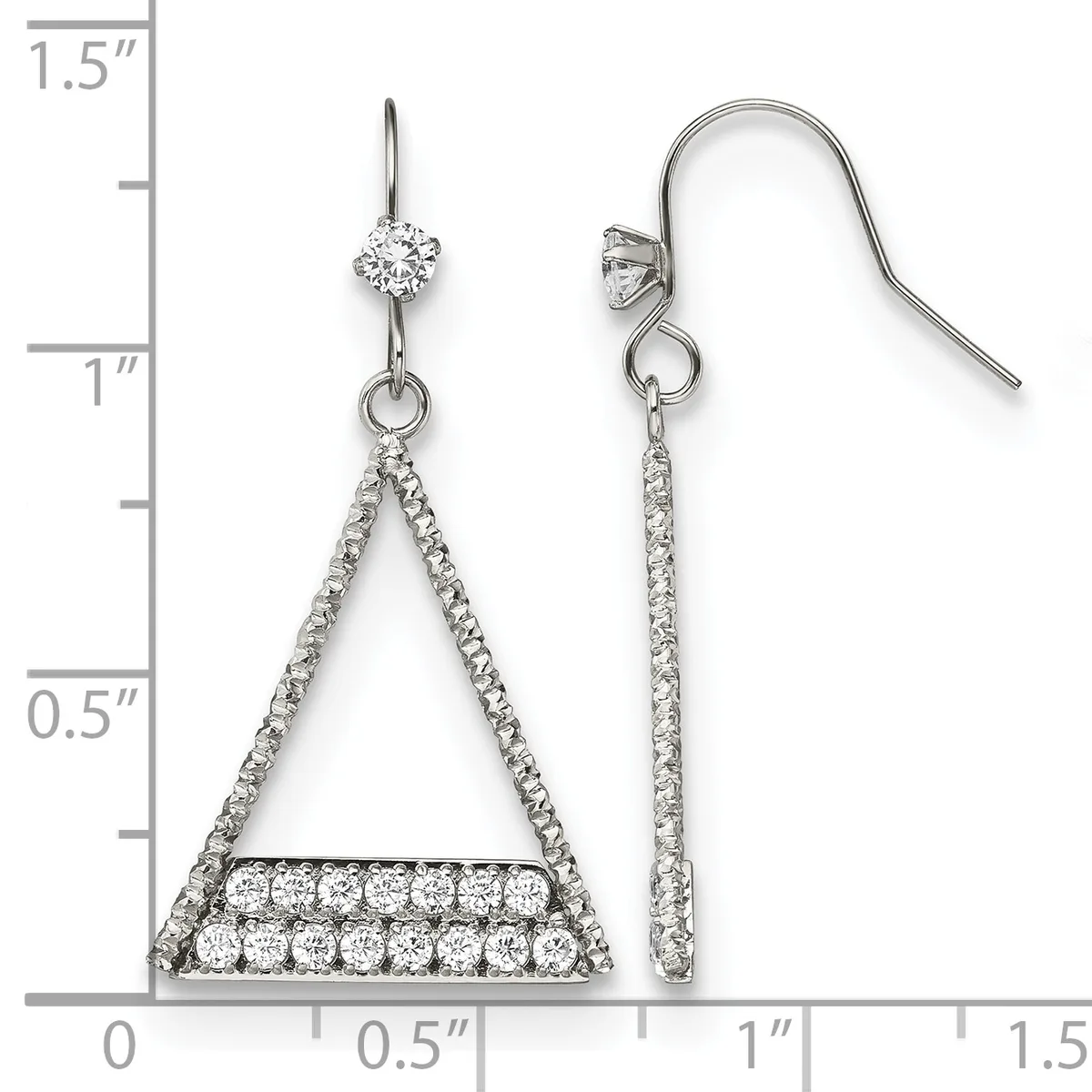 Pair of silver-toned earrings with crystal rhinestones, featuring triangular drop designs and matching linear drop styles, displayed on a measurement scale.