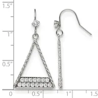 Pair of silver-toned earrings with crystal rhinestones, featuring triangular drop designs and matching linear drop styles, displayed on a measurement scale.