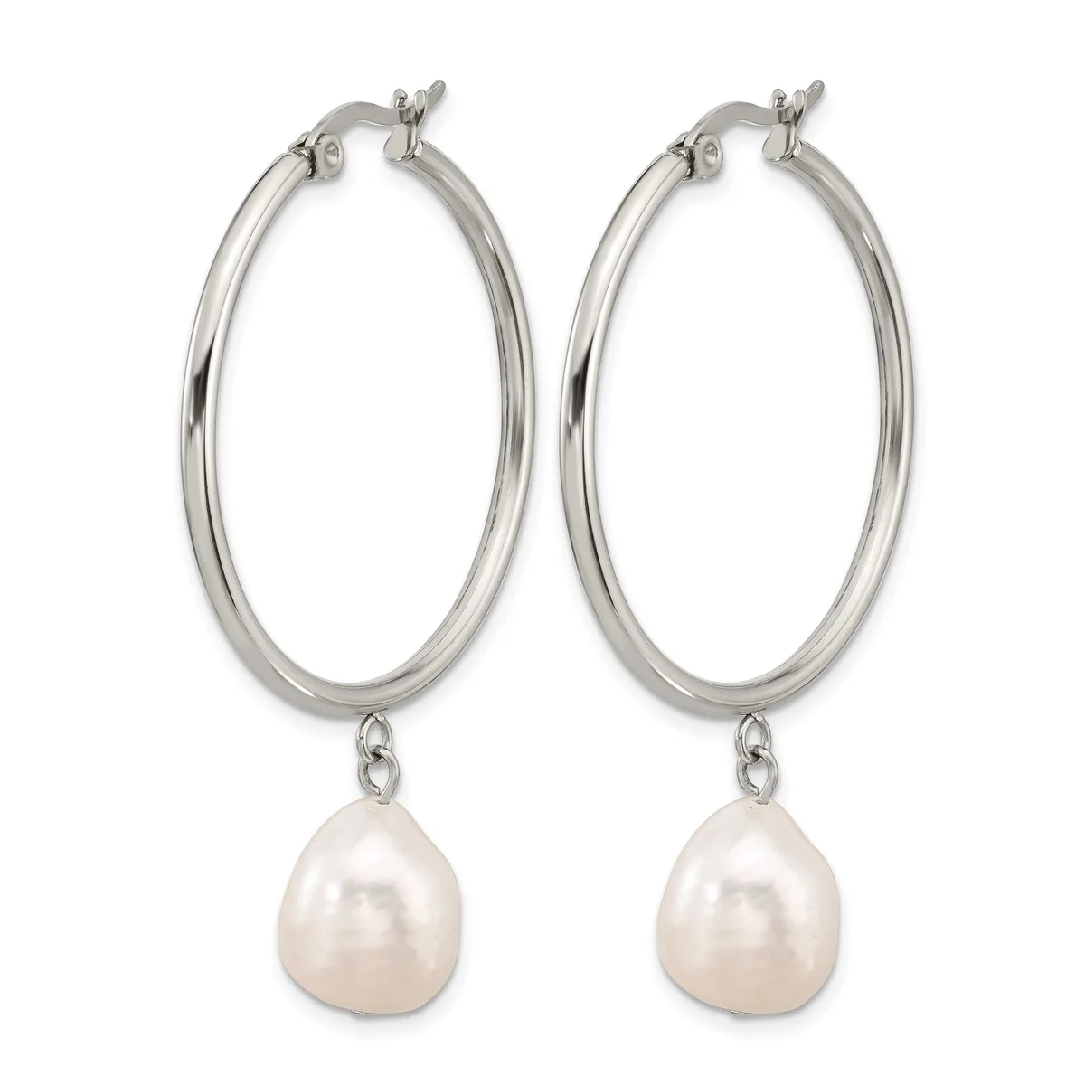Pair of silver hoop earrings with white pearl drop charms hanging from the bottom.