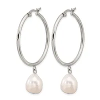 Pair of silver hoop earrings with white pearl drop charms hanging from the bottom.
