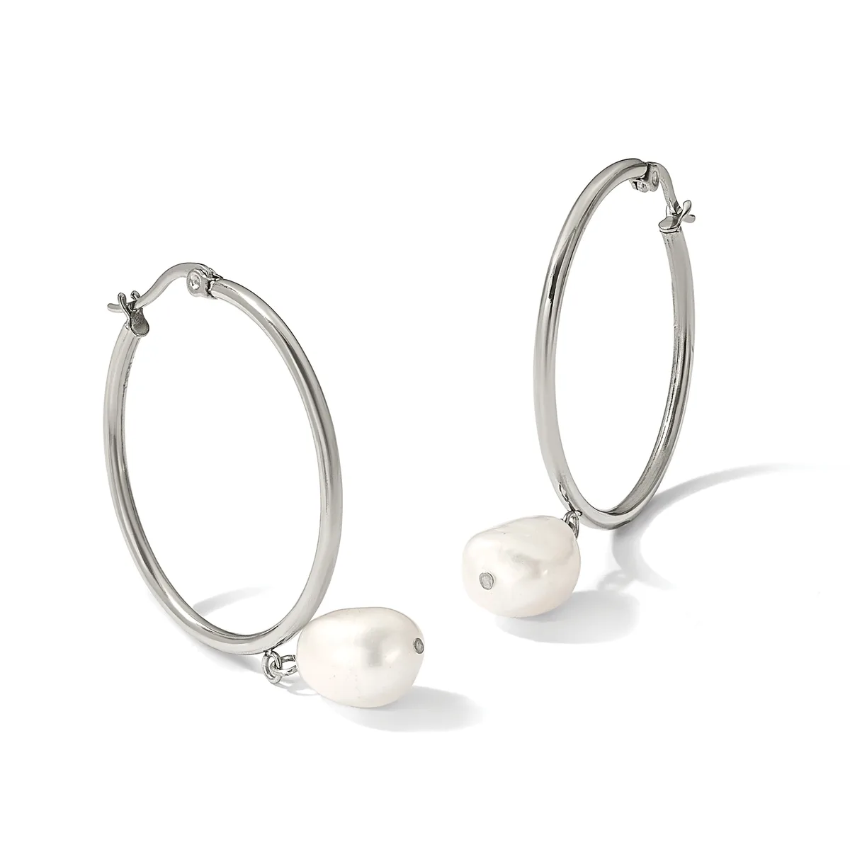Pair of silver-toned hoop earrings with white pearl charms hanging from the bottom, displayed against a white background.