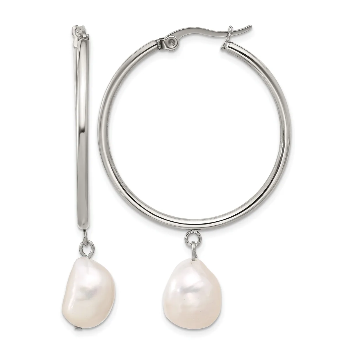 Pair of silver hoop earrings with white pearl drops attached, shown from front and side views.