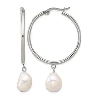 Pair of silver hoop earrings with white pearl drops attached, shown from front and side views.