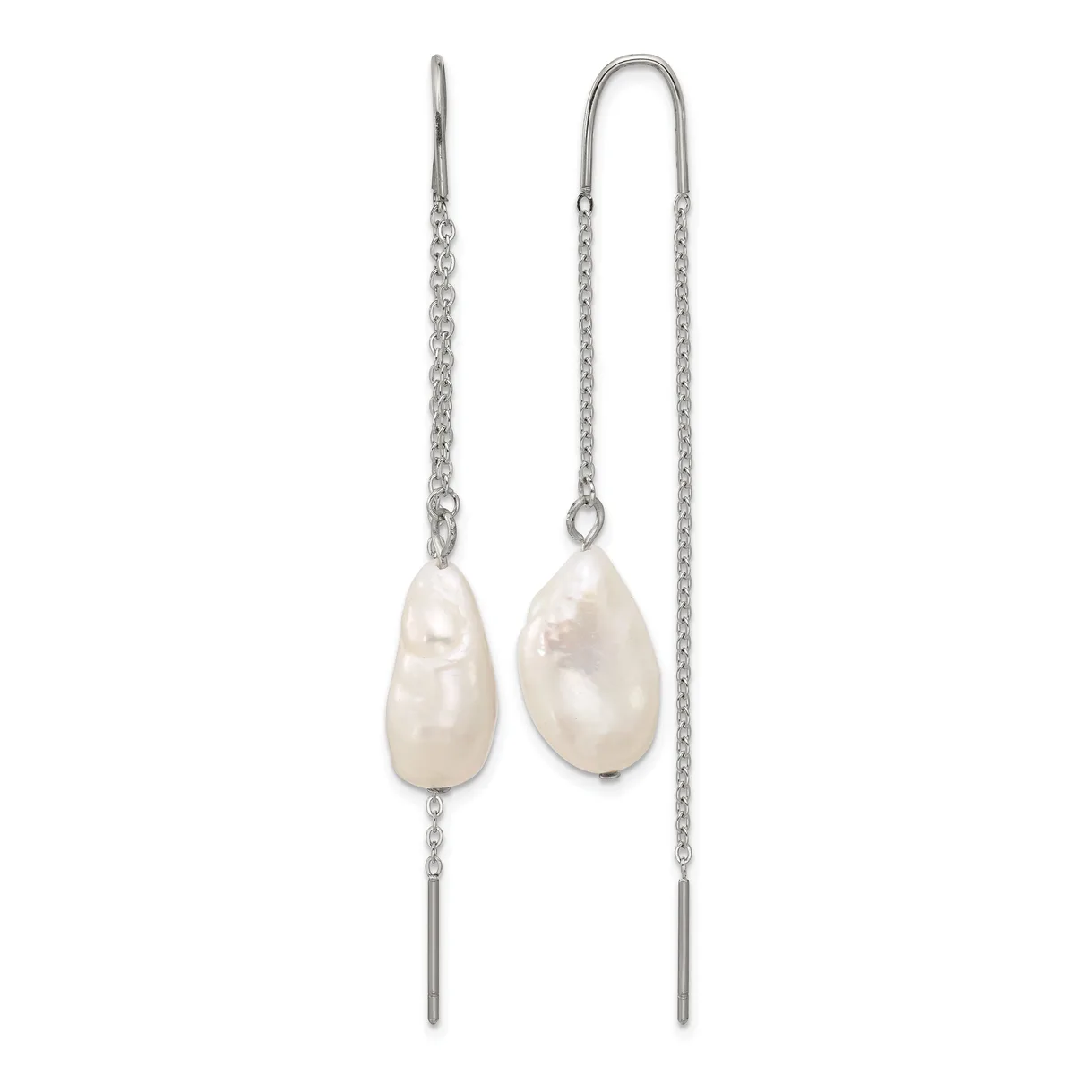 A pair of silver threader earrings with white pearl teardrop pendants suspended from delicate chains.