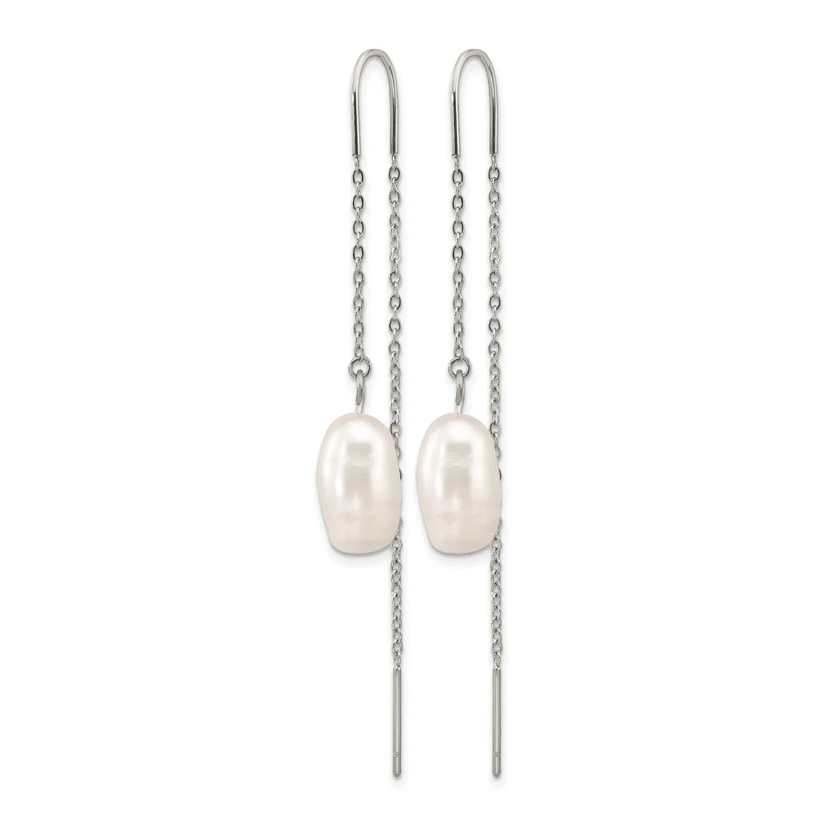 Pair of silver threader earrings with delicate chain strands and oval white pearl drops.