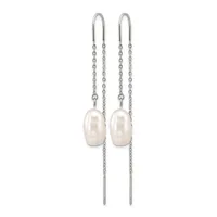 Pair of silver threader earrings with delicate chain strands and oval white pearl drops.
