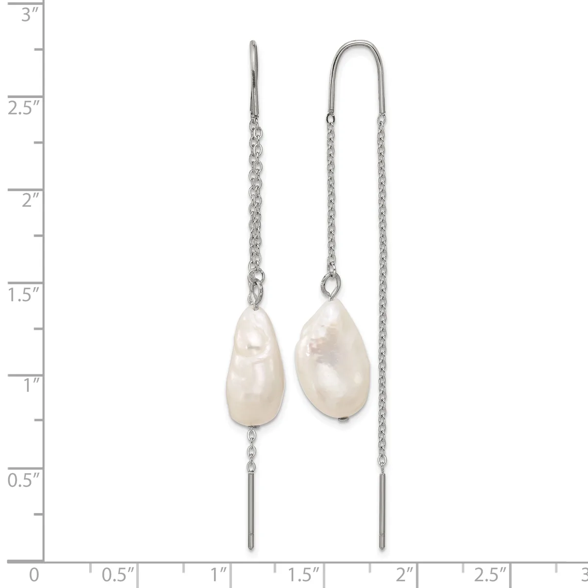 Two silver threader earrings with freshwater pearl teardrop pendants, displayed against a measurement scale showing approximately 2.5 inches in length.