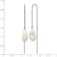 Two silver threader earrings with freshwater pearl teardrop pendants, displayed against a measurement scale showing approximately 2.5 inches in length.