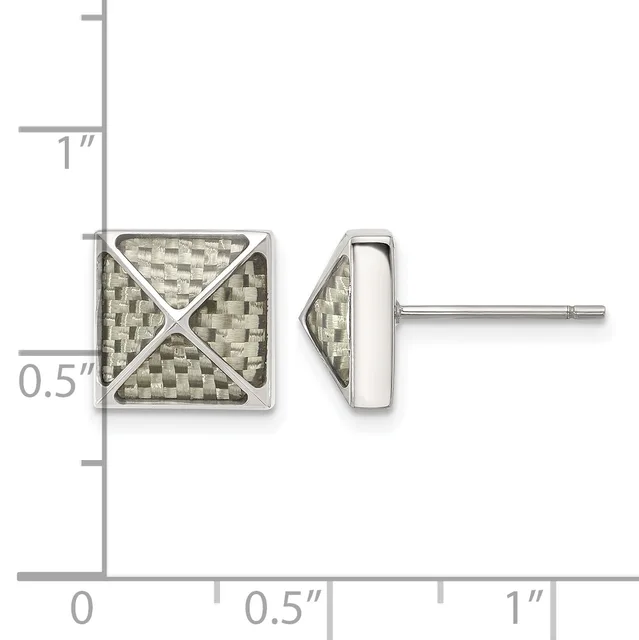 Square stud earrings with textured woven pattern and diagonal X design, shown front and side view against a measurement scale.