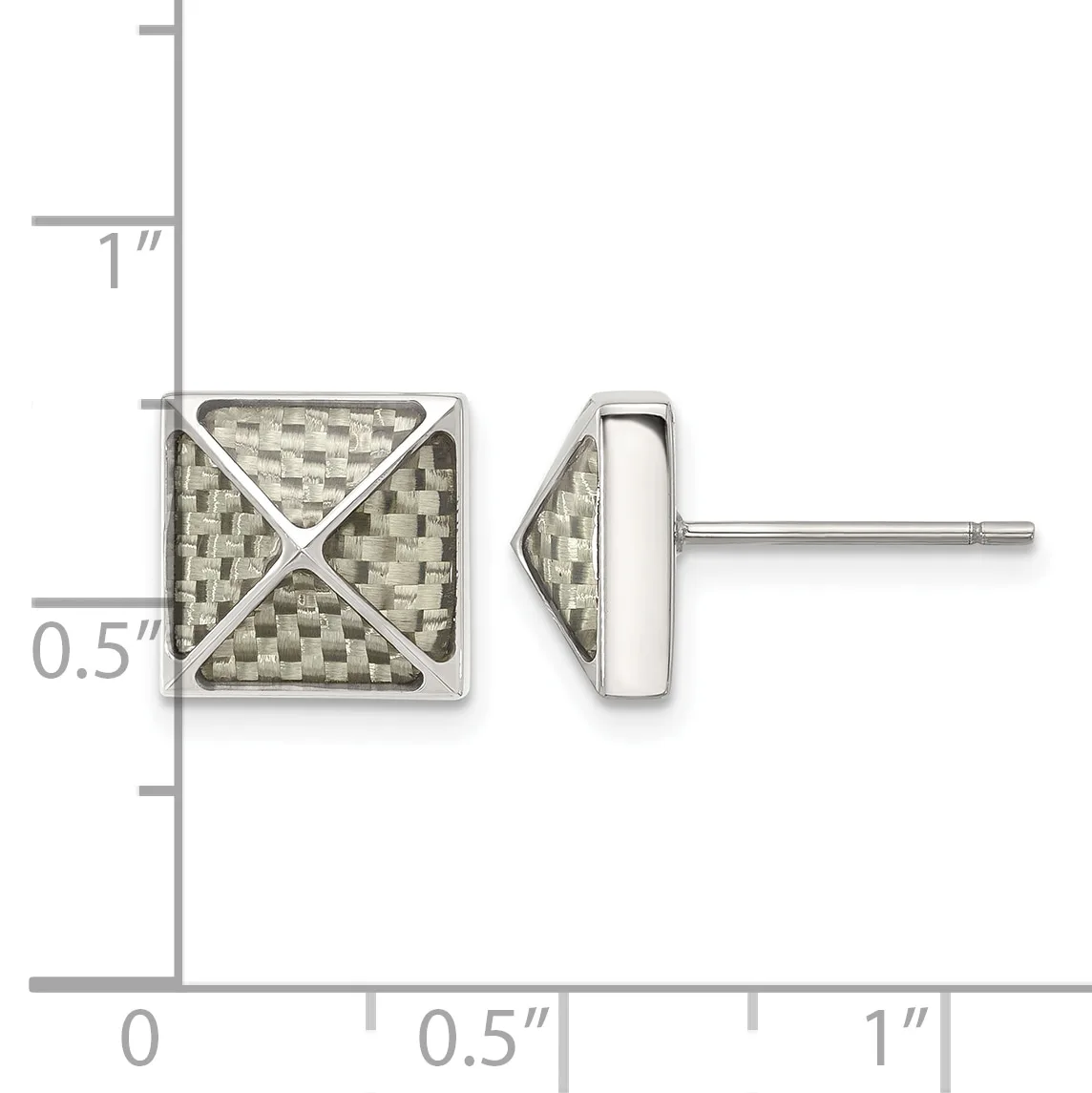 Square stud earrings with textured woven pattern and diagonal X design, shown front and side view against a measurement scale.