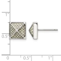Square stud earrings with textured woven pattern and diagonal X design, shown front and side view against a measurement scale.