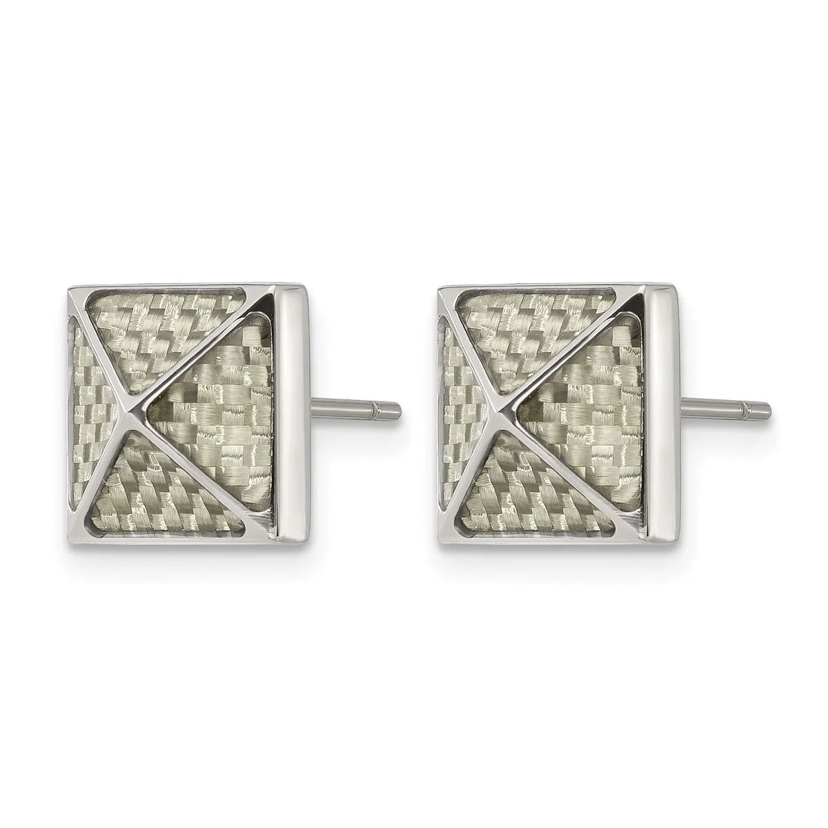 Pair of square stud earrings with textured silver finish and X-shaped metal overlay design on posts.