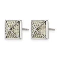 Pair of square stud earrings with textured silver finish and X-shaped metal overlay design on posts.