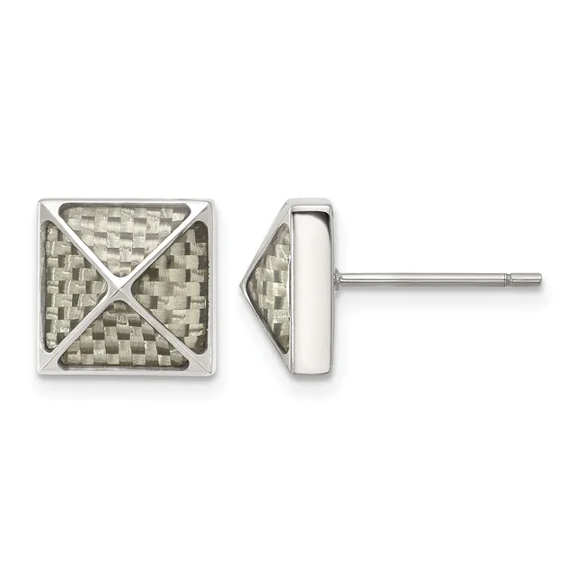 Pair of square stud earrings with a woven or basket-weave texture and diagonal X pattern across the face, shown from front and side views with a post and backing.
