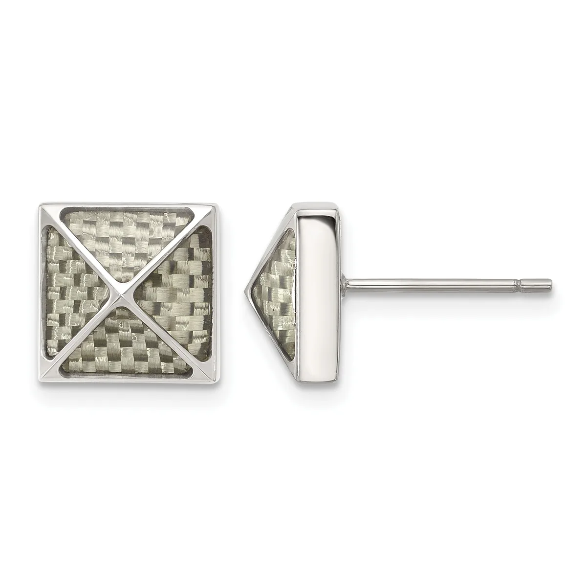Pair of square stud earrings with a woven or basket-weave texture and diagonal X pattern across the face, shown from front and side views with a post and backing.