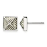 Pair of square stud earrings with a woven or basket-weave texture and diagonal X pattern across the face, shown from front and side views with a post and backing.