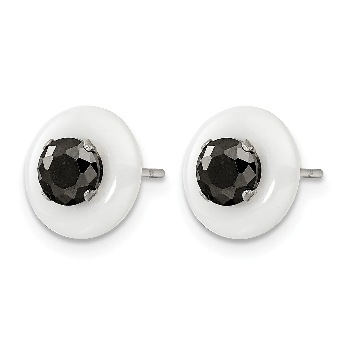 A pair of round white ceramic stud earrings with faceted black gemstones set in the center, displayed against a white background.
